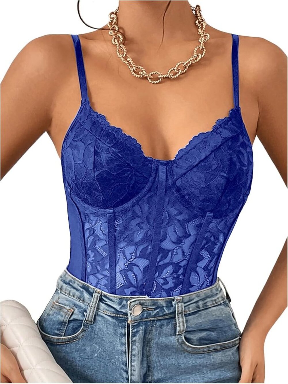 Women Royal Blue Underwire Sheer Mesh Bustier Spaghetti Bodysuit Lace Corset Top